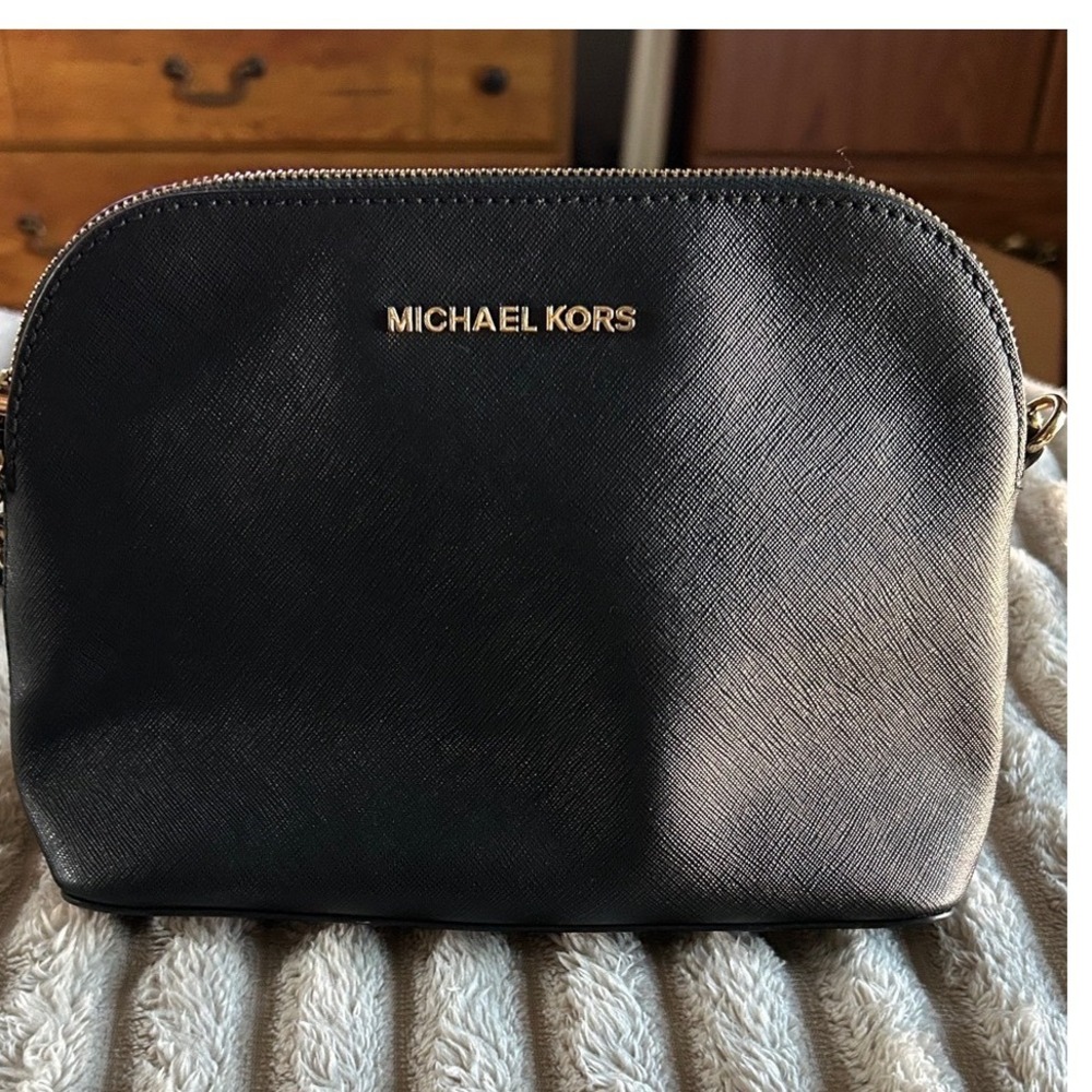 Michael Kors Black Saffiano Leather Dome Crossbody Bag Gold Chain Strap